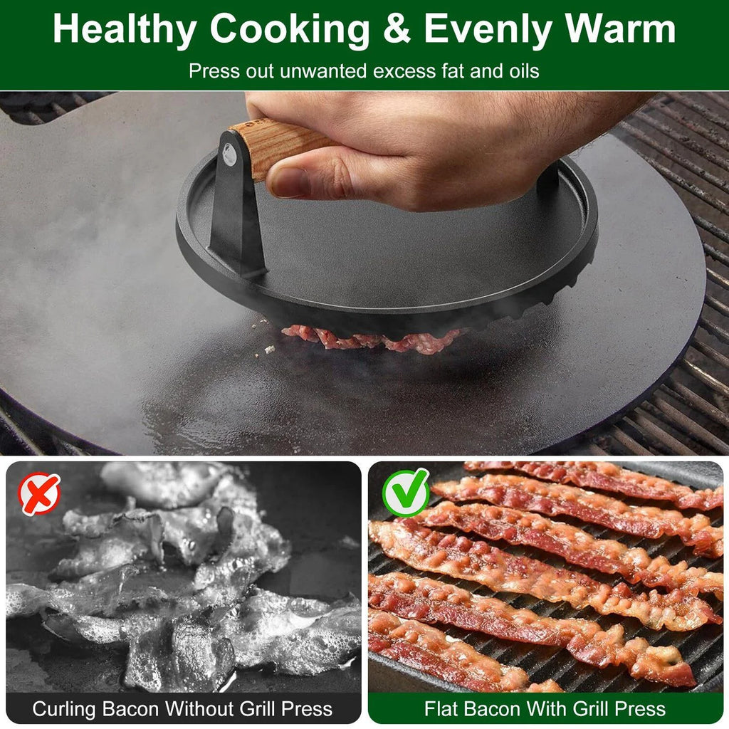 Cast Iron Steak Press Bacon Weight BBQ Grill with Wood Handle Meat Presser 2Pcs