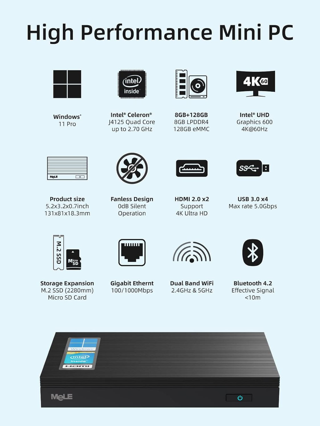 MeLE Mini PC Quieter2Q Fanless Windows 11 Pro Portable Desktop Micro Computer J4125 8G 128GB 4K Dual HDMI Gigabit Ethernet Small Form Factor pc for Home Office School Business Media Industry IoT Etc.