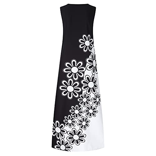 Women's Casual Sundress Sleeveless V Neck Loose Maxi Dress Summer Beach Cover Up Printed Long Tank Maxi Dresses with Pocket