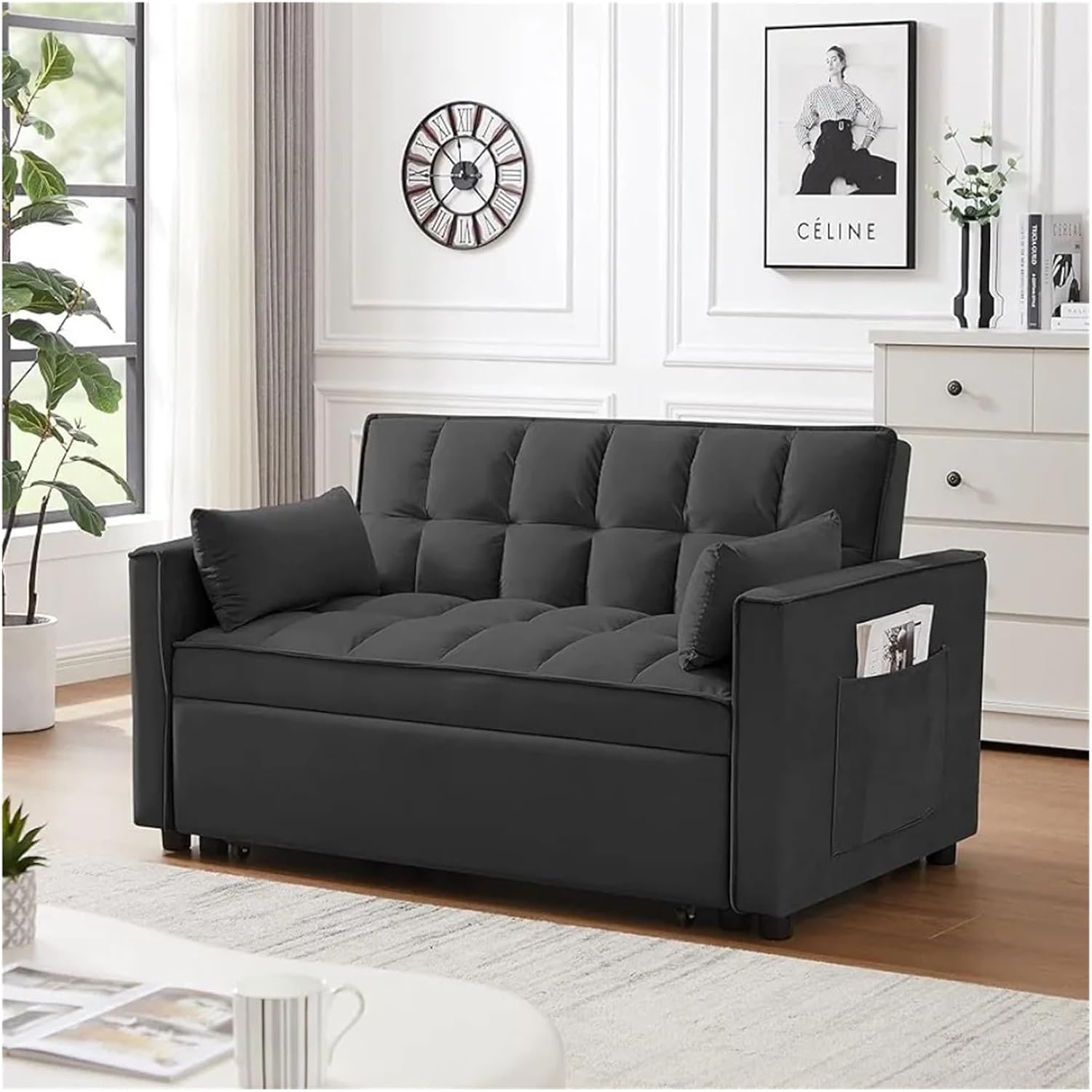 TONDI 55 Inch Convertible Sleeper Sofa 3 in 1 Velvet Small Loveseat with Pull Out Bed, Reclining Backrest, Light Gray,Sofa Couch, qz-7461