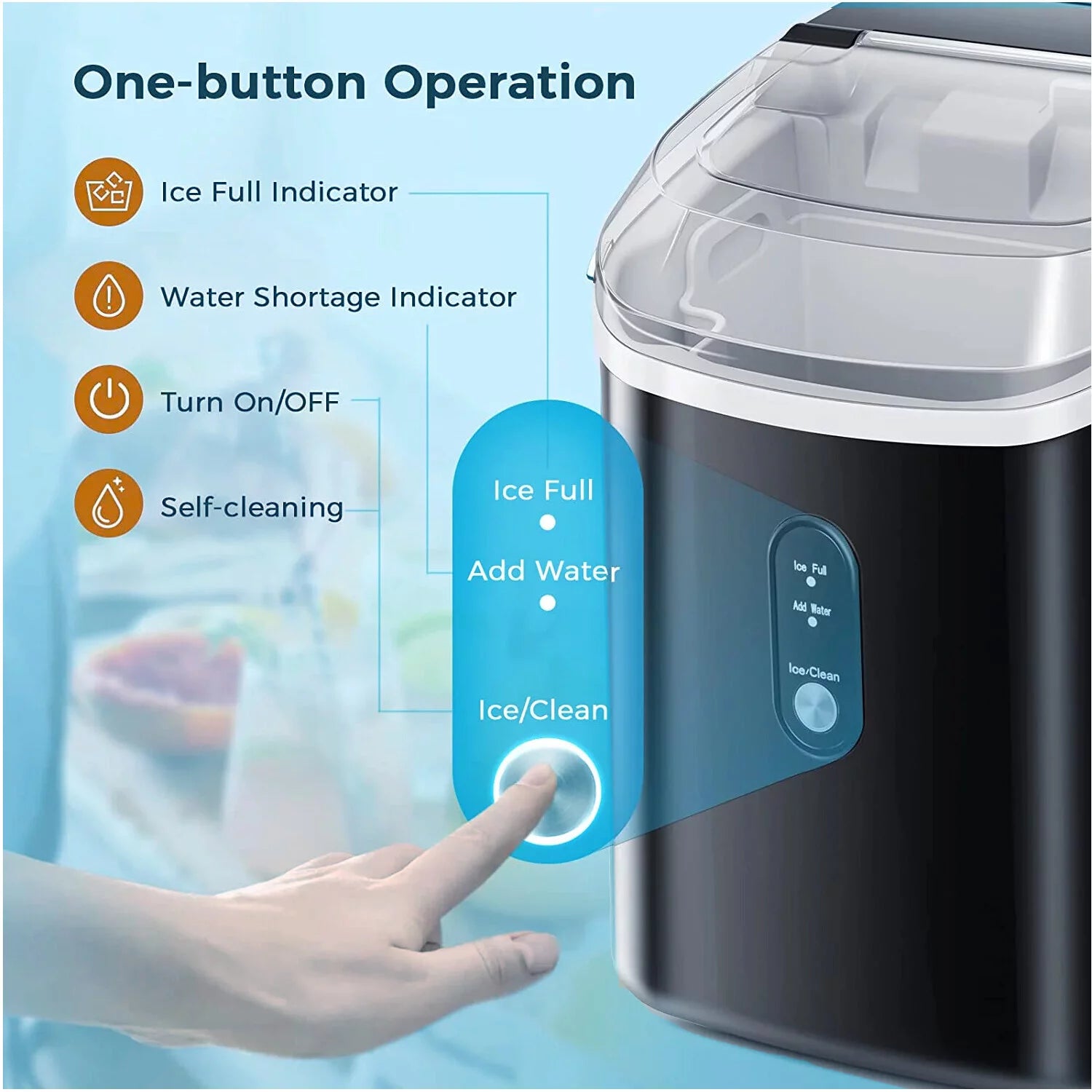 FOOING Nugget Ice Maker Countertop, Portable Ice Maker Machine with Self-Cleaning Function, 33lbs/24H Chewable Ice, Sonic Ice Maker (Black)