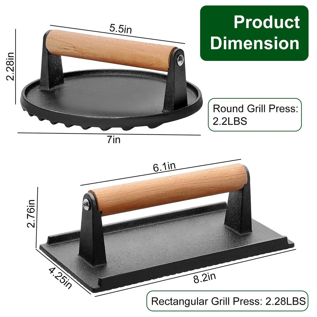 Cast Iron Steak Press Bacon Weight BBQ Grill with Wood Handle Meat Presser 2Pcs