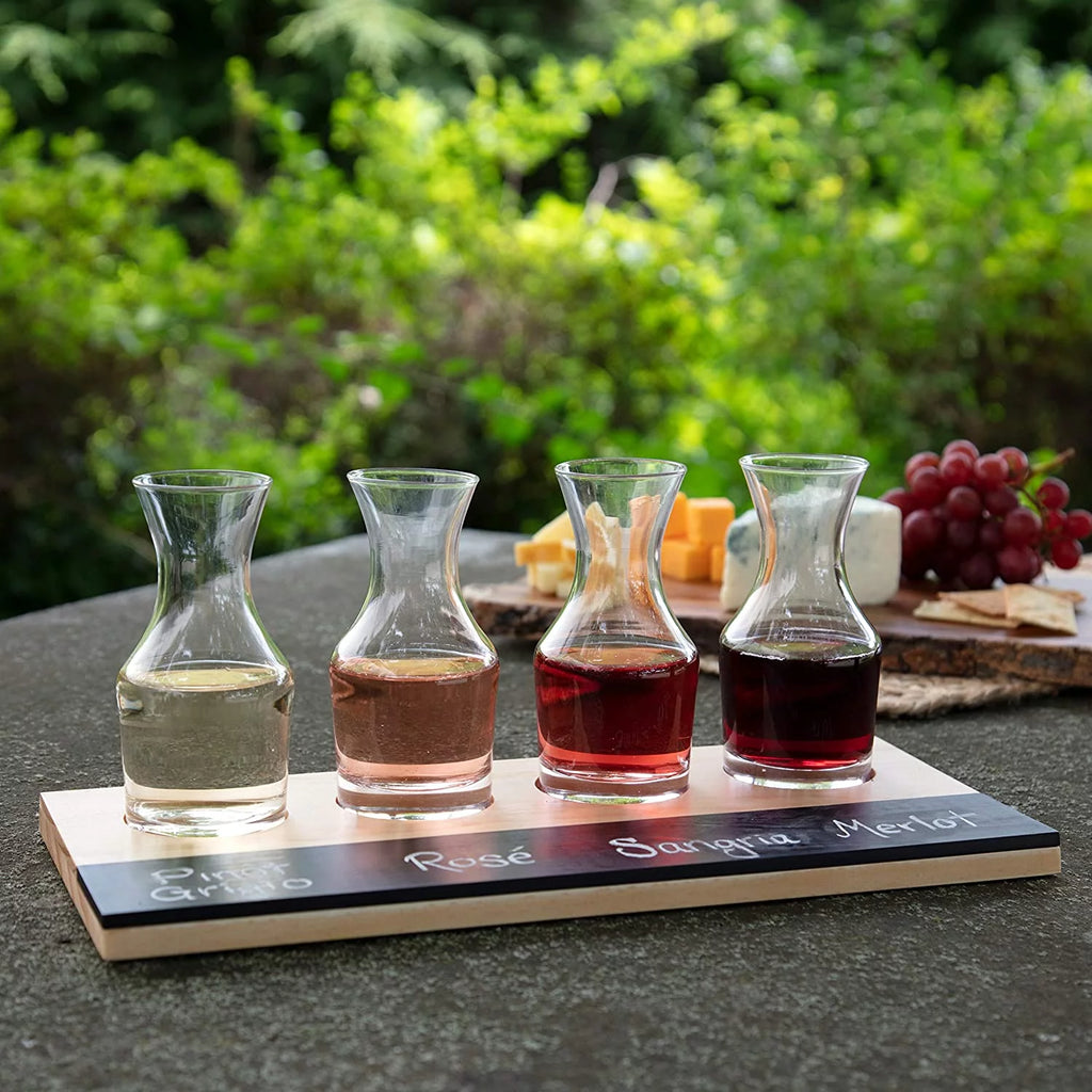 Wine Tasting Flight Sampler Set - 4-6oz Decanter Glasses w Paddle, Chalkboard