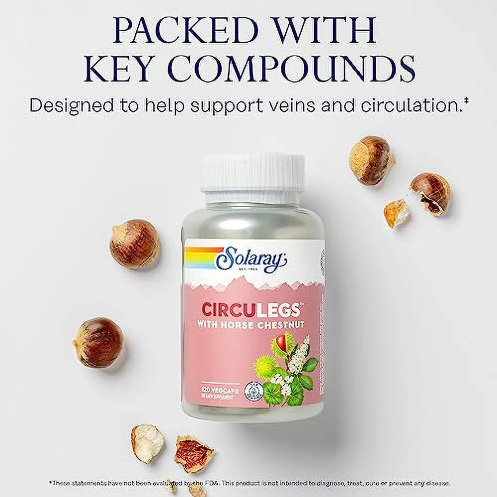 SOLARAY CircuLegs with Horse Chestnut Extract, Gotu Kola, Butcher's Broom, and More, Circulation and Vein Support for Healthy Legs, 60-Day Guarantee, Lab Verified (60 Serv, 120 VegCaps)