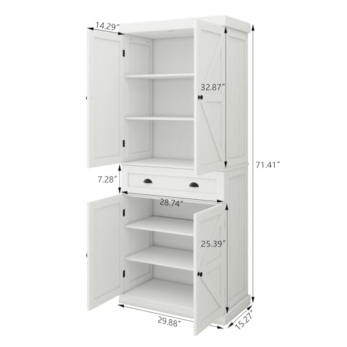 72" Kitchen Pantry Storage Cabinet Kitchen Cupboard with 4 Doors (2Doors with Racks),1 Drawer, 2 Adjustable Shelves Wood White Storage Cabinet for Dining Room Living Room Bathroom