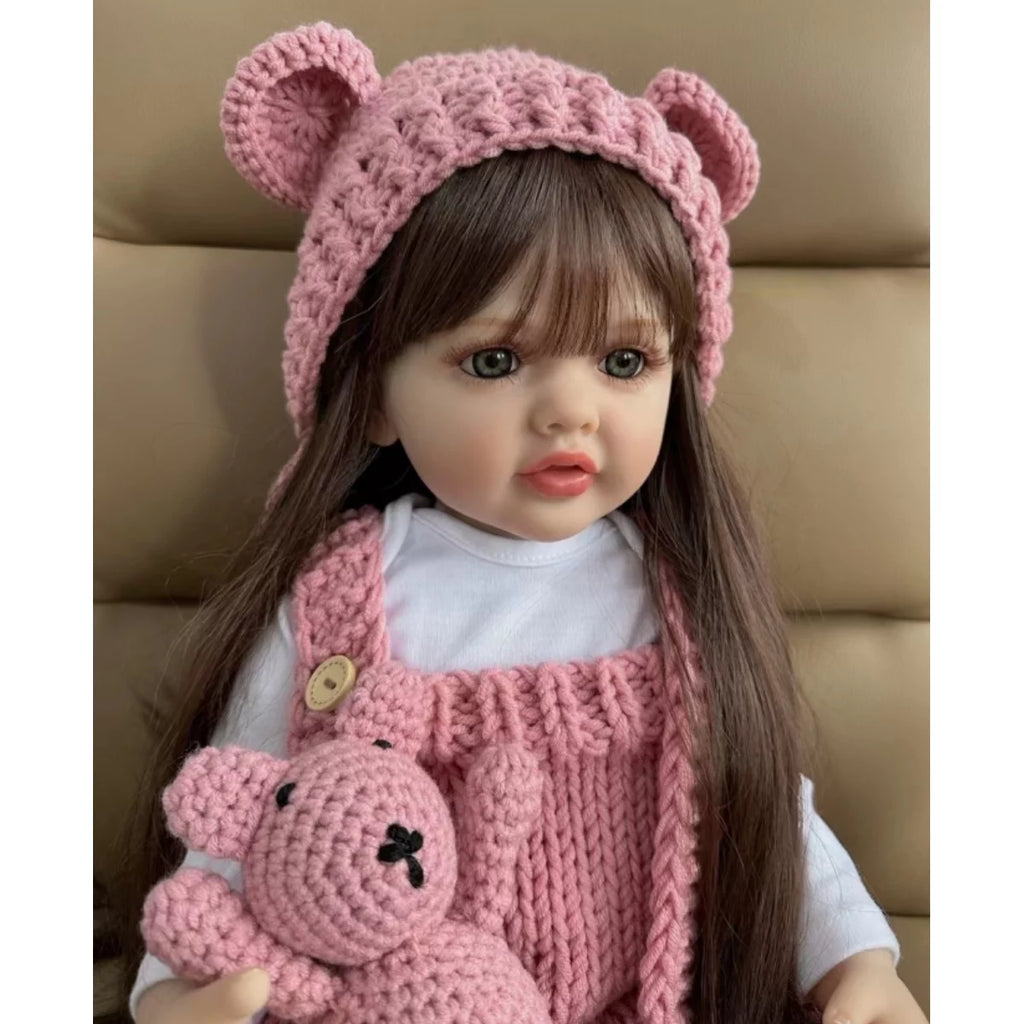 22 inch Soft Silicone Vinyl Reborn Baby Doll Lovely Girl in Pink Knitted Clothes with Bear Toy, Kids Birthday Christmas Gift