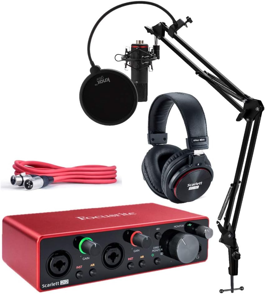 Focusrite Scarlett 2i2 Studio 3rd Gen USB Audio Interface Bundle with Pro Tools First, Microphone, Headphones, XLR Cable, Knox Studio Stand, Shock Mount, and Pop Filter (7 Items)