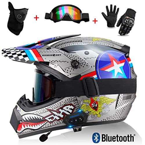 Four Wheeler Off-Road Motorcycle Bluetooth Helmet, Downhill Dirt Bike Full Face Helmet Set with Built-in Speaker, DOT Certified Youth & Kids Racing Kart Skateboard ATV Motocross Helmet