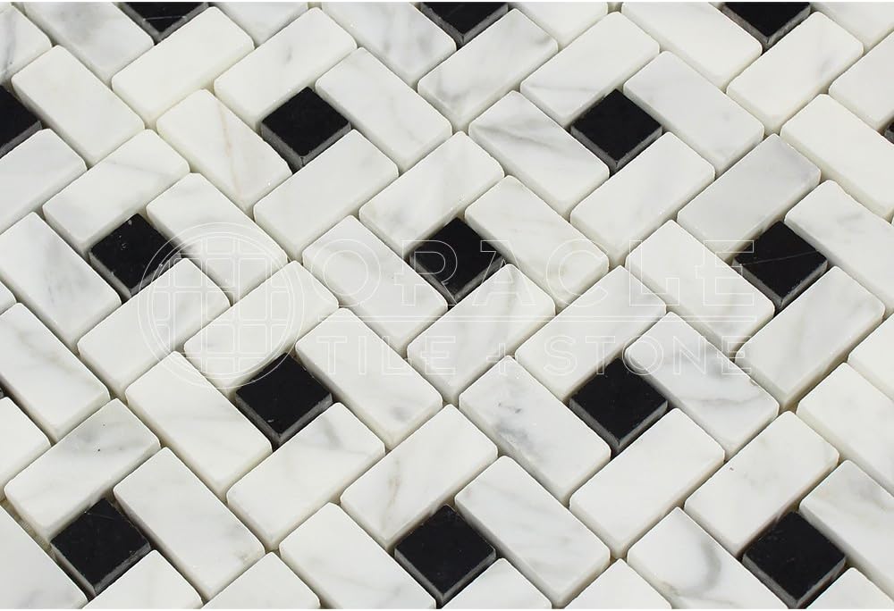 Carrara White Italian (Bianco Carrara) Marble Pinwheel Mosaic Tile with Black, Honed