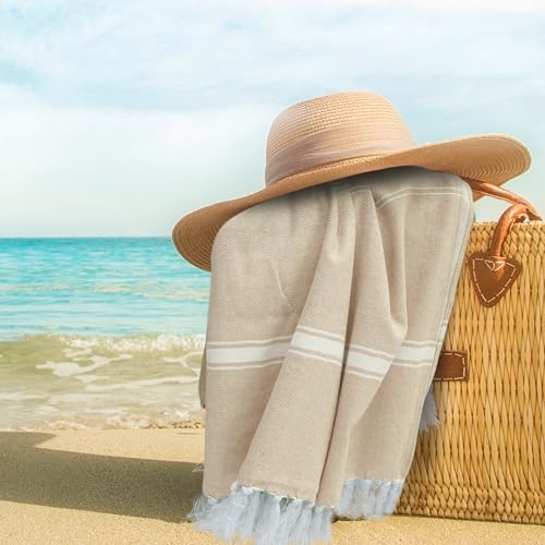 Turkish Beach Towel (40x71 Inches), Oversized 100% Cotton Sand Free Lightweight Absorbent Quick-Dry Beach Blanket, Extra Large Turkish Bath Towels (Pack of 2, Grey & Aqua Blue)