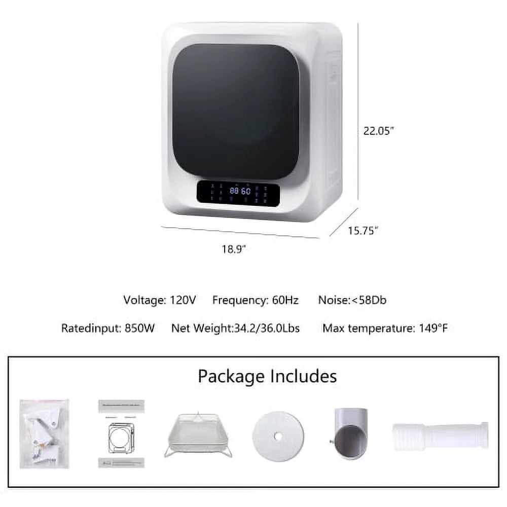Portable Mini Clothes Dryer, 850W Electric Dryer, UV Sterilizaiton Tumble Dryer with Digital Touch Panel, White