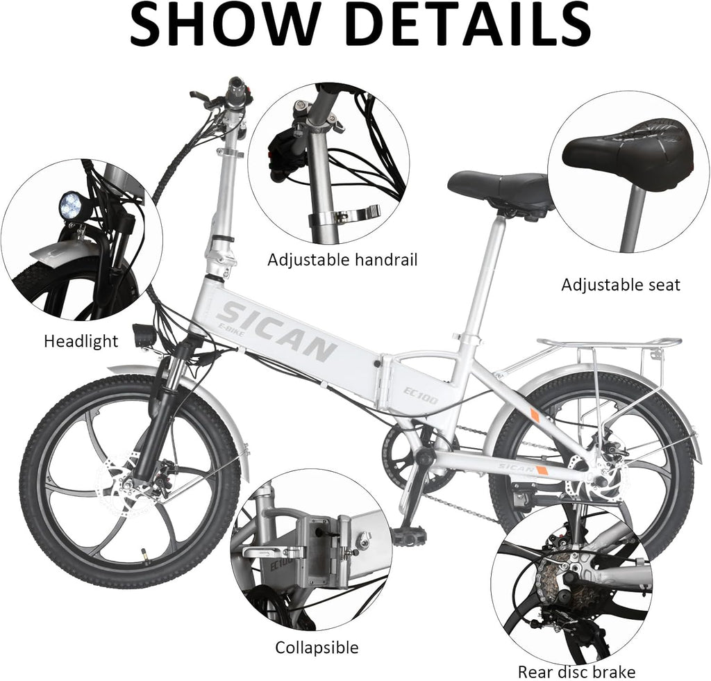 Folding Electric Bike, 850W Brushless Motor(Peak 1000W), 48V 12Ah Hidden Removeable Battery Up to 50 Miles, 3.0H Fast Charge, Weighs Only 40lbs,20" Tire Ebike, 7 Speed Gear, UL Certifiled