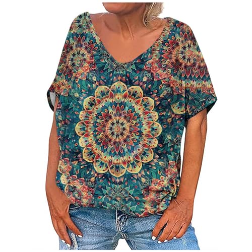Western Shirts for Women Retro Ethnic Floral Printed Tops V Neck T Shirts Geometric Graphic Tees Dressy Boho Blouses