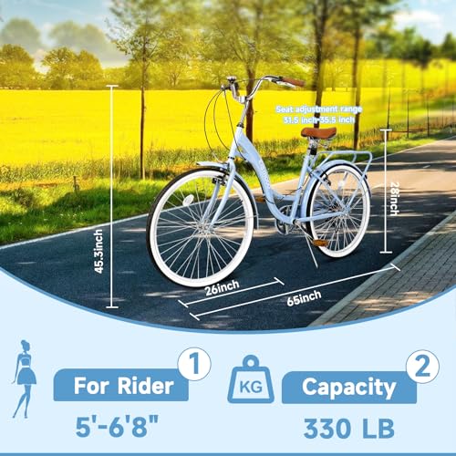 26 Inch Beach Cruiser Bike for Women, Hybrid Cruiser Bike with 7 Speed, Adjustable Seat, Lightweight Women Beach Cruiser Bike with Anti-Skid Tires, V-Brakes, Pink & Blue