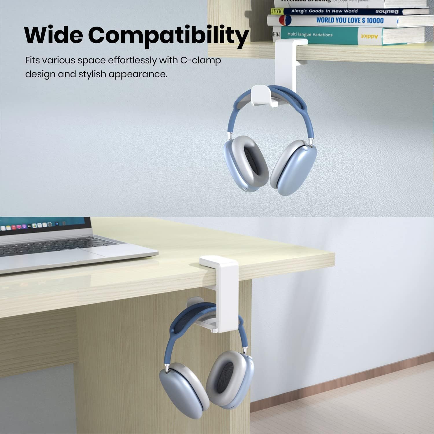 Rotating Headphone Stand - EURPMASK PC Gaming Headset Stand, Adjustable Clamp-on Headphone Holder, Headphone Hanger Hook Under Desk with 360 Degree Swivel&Cable Clip Organizer - White+White