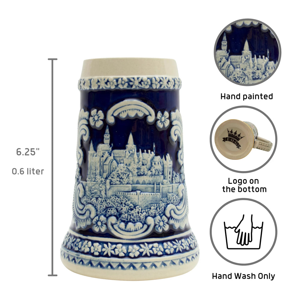 Oktoberfest Haus German Castle Engraved Ceramic Beer Stein - Drinking Beer Stein Mug for Beer Lovers - 0.6 Liter