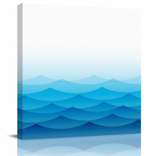 Blue Ocean Waves Canvas Print Wall Art Painting, Modern Wall Decor for Bedroom Living Room Giclee Artwork HD Picture Strenched and Framed Abstract Ombre Mountain Peak