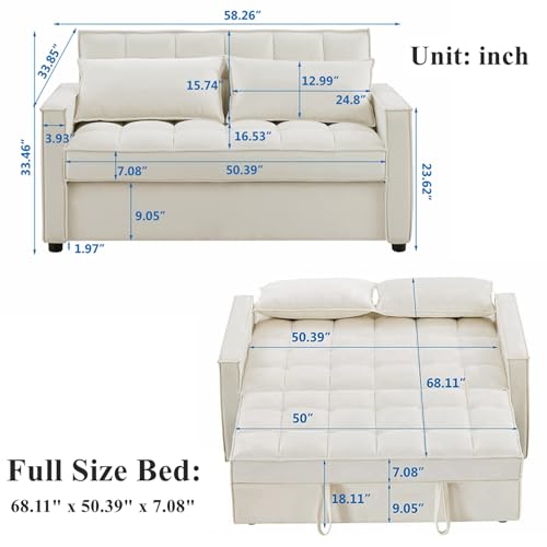 Convertible Sofa Bed, 3 in 1 Velvet Sleeper Loveseat with Pull Out Bed, Adjustable Backrest, 2 Pillows and 2 Foldable Side Table, Futon Loveseat Couches for Living Room, No.2-Black
