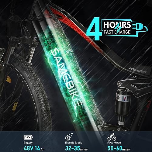 SAMEBIKE Electric Bike 750W 28MPH Electric Mountain Bike Full Suspension, 26 inch Ebike for Adults with 48V 14Ah Battery, 7 Speed Electric Bicycle with LCD Color Display