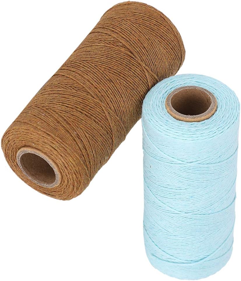 2 Rolls Craft Cotton Thread Twine Pure Cotton Yarn Tensile Resistant 8/4 Warp Thread for Knitting Tatting Carpet Tapestry(Brown+Light Blue)