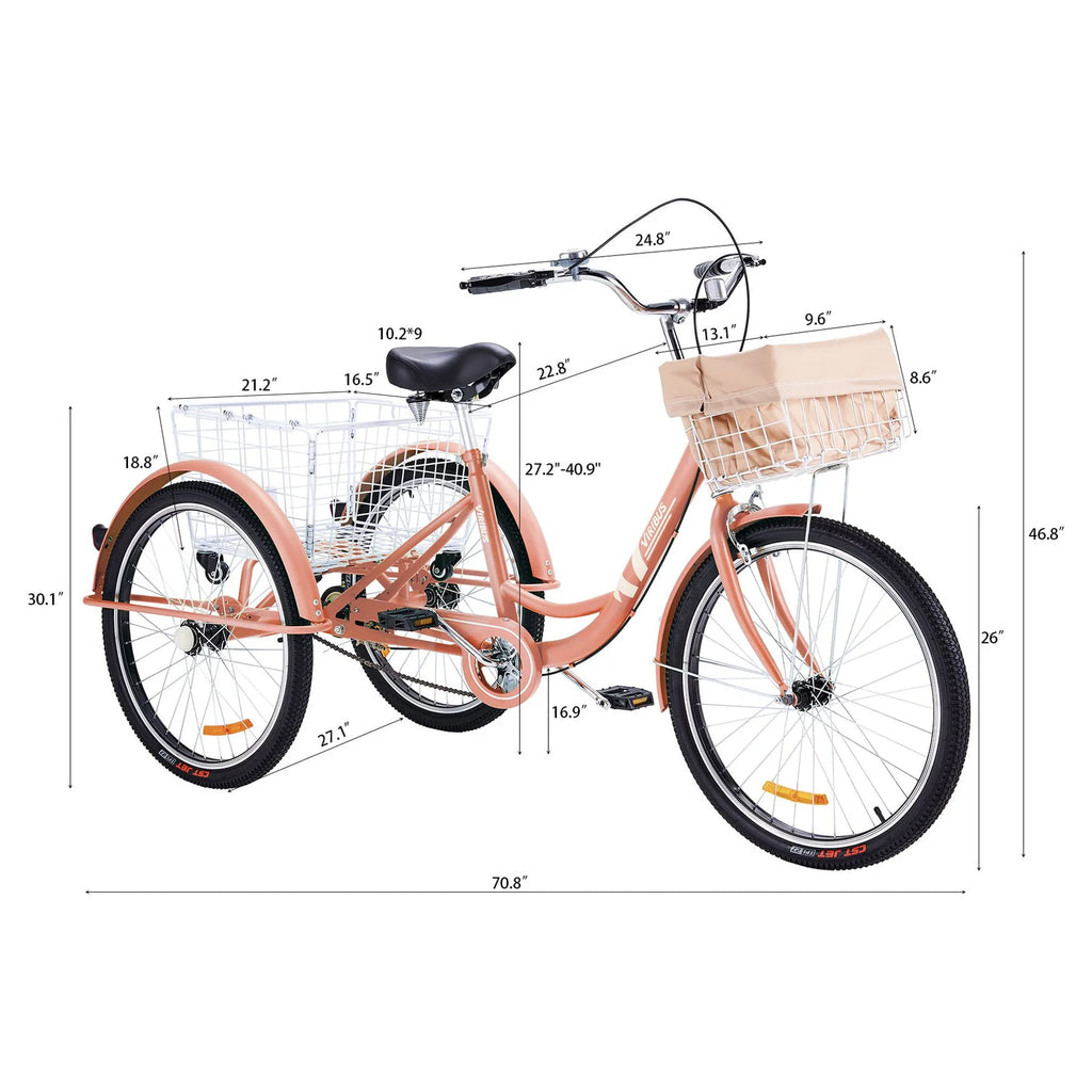 Viribus 26 Inch Single Speed Adult Tricycle 3 Wheel Bike with Removable Basket, Hybrid Beach Trike, Pink