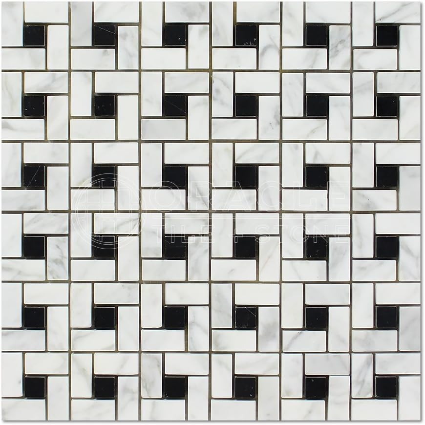 Carrara White Italian (Bianco Carrara) Marble Pinwheel Mosaic Tile with Black, Honed