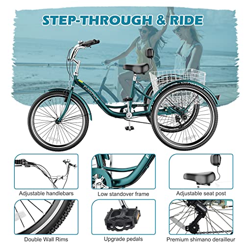 NAIZEA Adult Tricycle, 7 Speed Three Wheel Cruiser Bike, 20/24/26 inch Adult Trikes 3 Wheel Bikes with Large Basket for Seniors, Adults, Women, Men, Multiple Colors