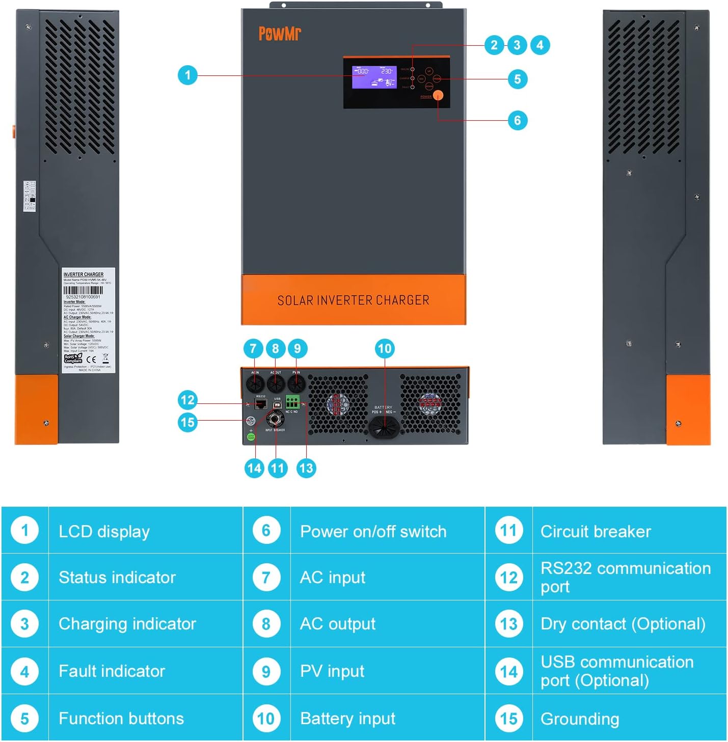 PowMr 5500w Solar Hybrid Inverter with 80A MPPT Charge Controller 48V DC to 220/230V AC, Off-Grid Pure Sine Wave Inverter Support Running Without Battery