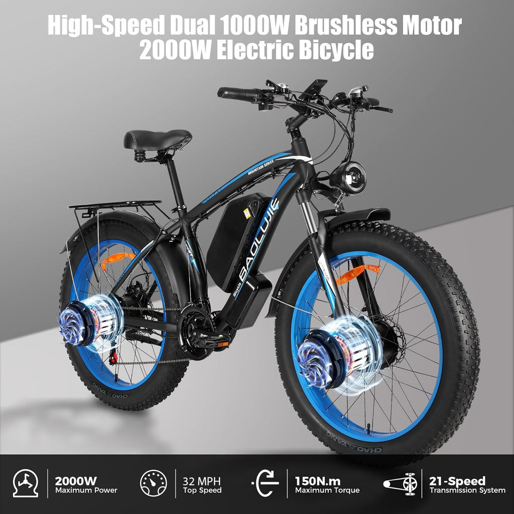 Electric Bike for Adults,Ebike with 1000W+1000W Dual Motor,E Bike with 48V 20AH Battery, 30MPH Commuting Electric Bike, High Brushless Gear Motor,Electric Bicycle for Adults 21 Speed