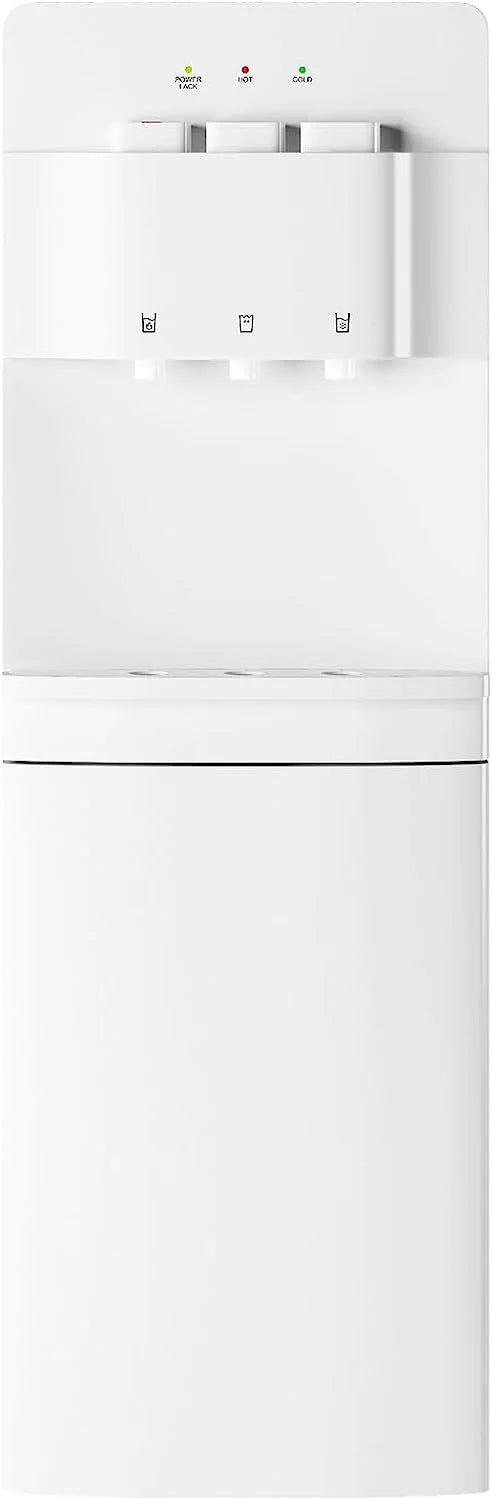 Muhub Cold & Hot Water Cooler Dispenser, White Bottom Loading Water Cooler Dispenser, Holds 3 or 5 Gallon Bottle, Anti-Scalding Design and Storage Cabinet, Child Safety Lock for Home, Office Use