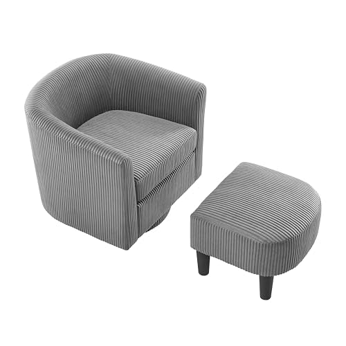 360 Degree Swivel Chair with Ottoman, Modern Upholstered Tufted Barrel Swivel Chair, Corduroy Fabric Accent Chair, Round Armchair Sofa for Living Room Bedroom