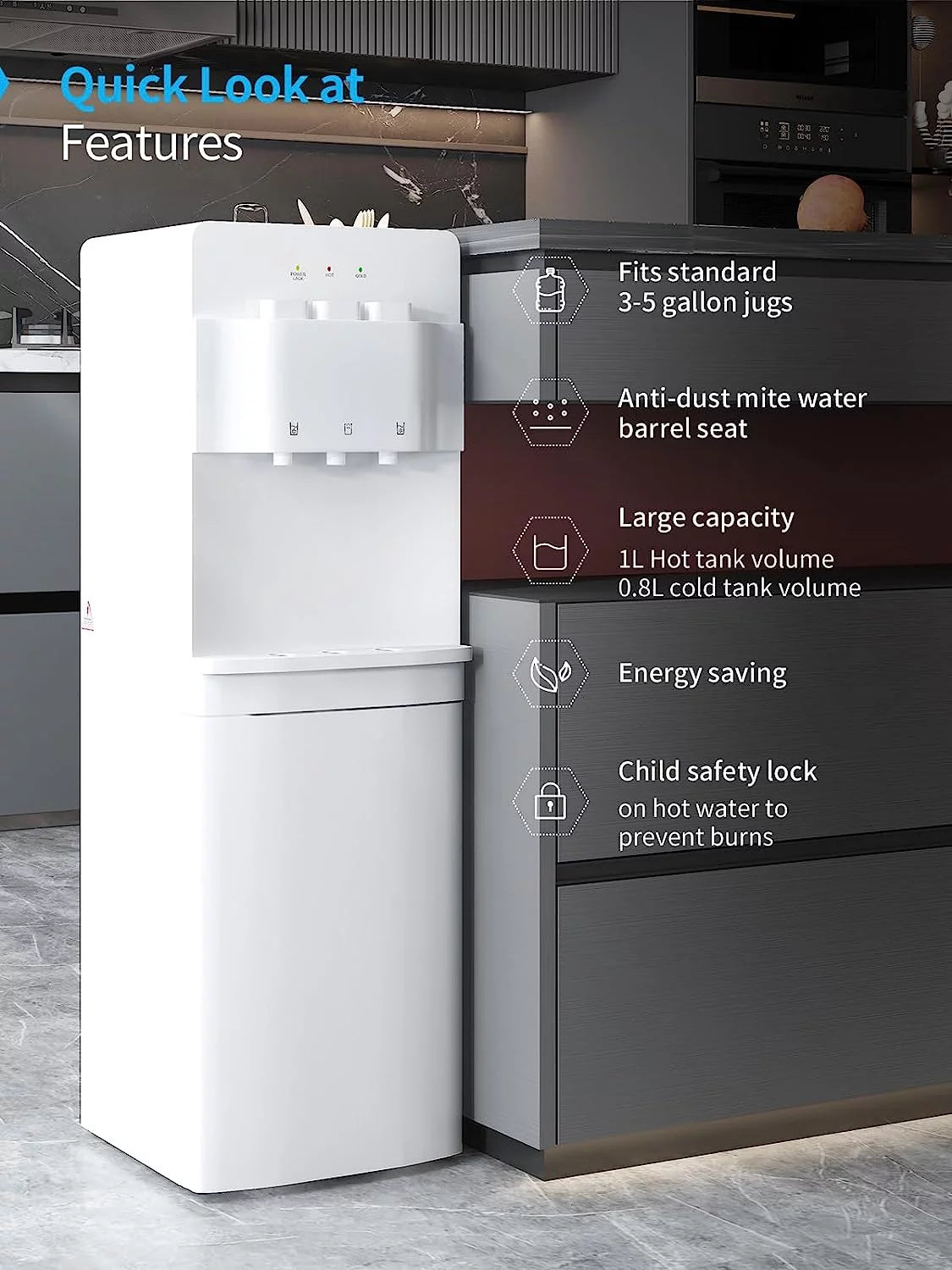 Muhub Cold & Hot Water Cooler Dispenser, White Bottom Loading Water Cooler Dispenser, Holds 3 or 5 Gallon Bottle, Anti-Scalding Design and Storage Cabinet, Child Safety Lock for Home, Office Use