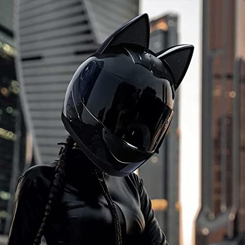 DOT Certified Full Face Motorcycle Helmets with Cat Ears Street Off-Road Retro Helmet for Adult Men Women Flip up Visors Motocross Helmet for Cool Girl Scooter Chopper Cruiser Helmet