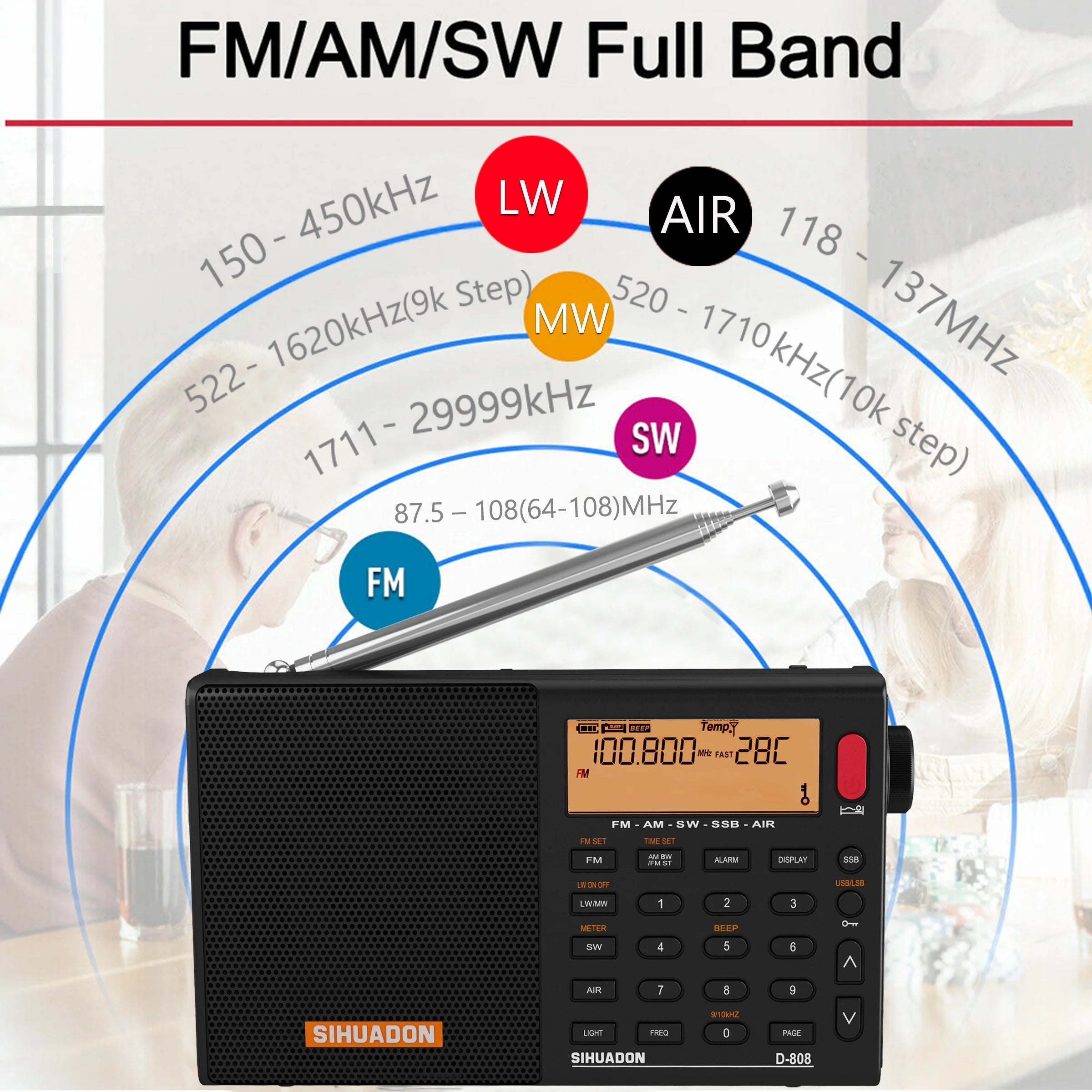 2023 Hot selling SIHUADON D-808 (Black) FM/SW/MW/LW SSB AIR RDS Multi Band Portable Digital Radio With Built-in speakers Portable Radio for family or Work