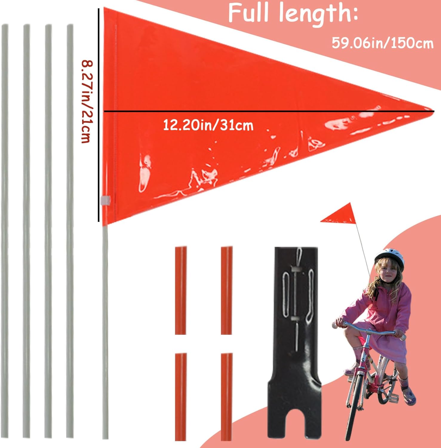 Bike Flags with Pole, Reflective Bike Safety Flag, Adjustable Height Bicycle Flag, High Visibility Go Kart Flags with Mounting Bracket Bike Flag