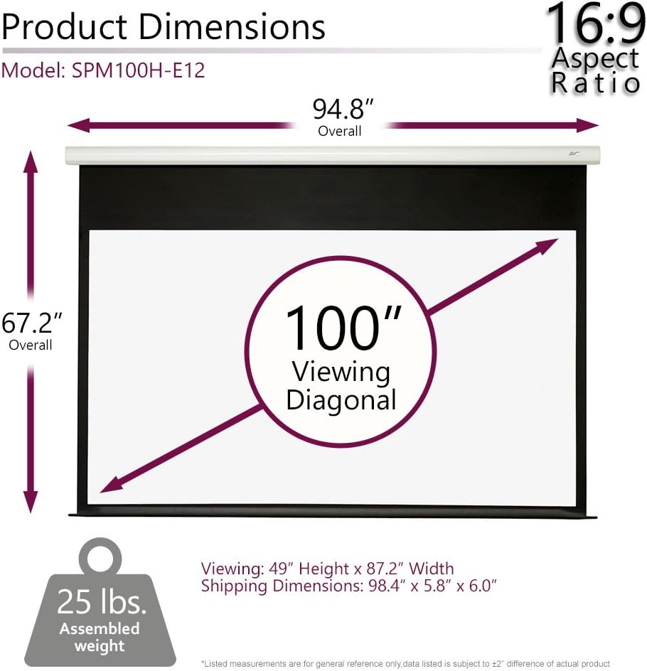 Elite Screens Spectrum 2, 100-inch 16:9, 12-inch Drop, Electric Motorized Drop Down Projection Projector Screen, SPM100H-E12