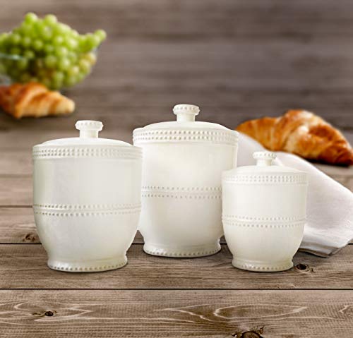 American Atelier Bianca Dash Canister Set 3-Piece Ceramic Jars in 30oz, 70oz and 122oz Chic Design with Lids for Cookies, Candy, Coffee, Flour, Sugar, Rice, Pasta, Cereal, White 1, 3 Count